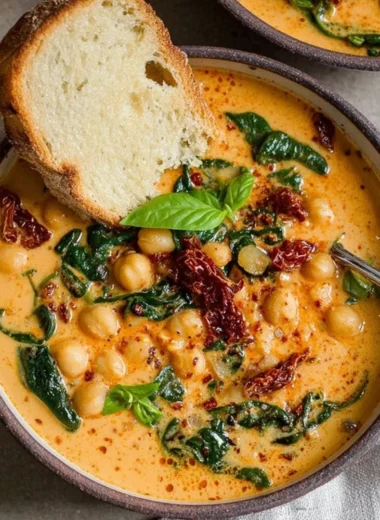 Bowl of Tuscan Garbanzo Bean Soup garnished with herbs