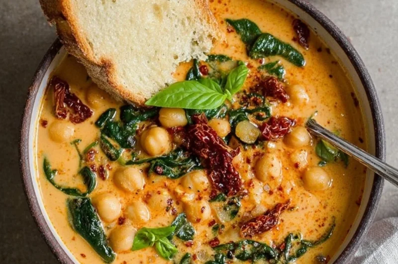 Bowl of Tuscan Garbanzo Bean Soup garnished with herbs