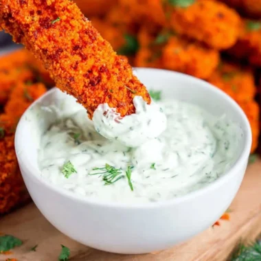 Crispy vegan baked tofu sticks served on a plate with dipping sauce