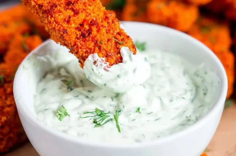 Crispy vegan baked tofu sticks served on a plate with dipping sauce