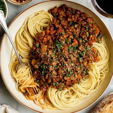 Bowl of Vegan Lentil Bolognese served with spaghetti and fresh herbs