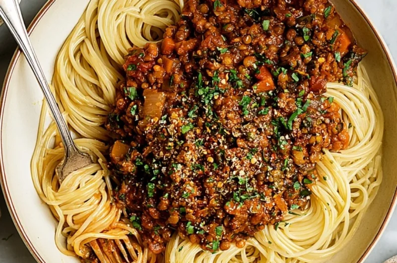 Bowl of Vegan Lentil Bolognese served with spaghetti and fresh herbs