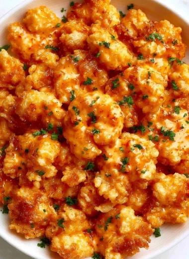 Plate of crispy Bang Bang Shrimp topped with a creamy, spicy sauce