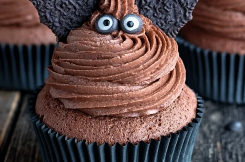 Halloween-themed bat cupcake decorated with chocolate frosting and bat wings.