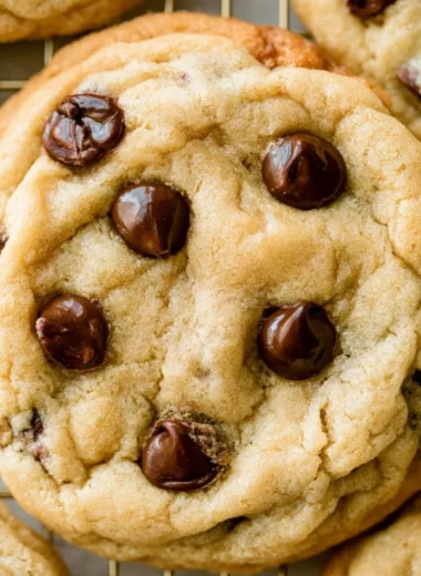 Freshly baked chocolate chip cookies on a cooling rack