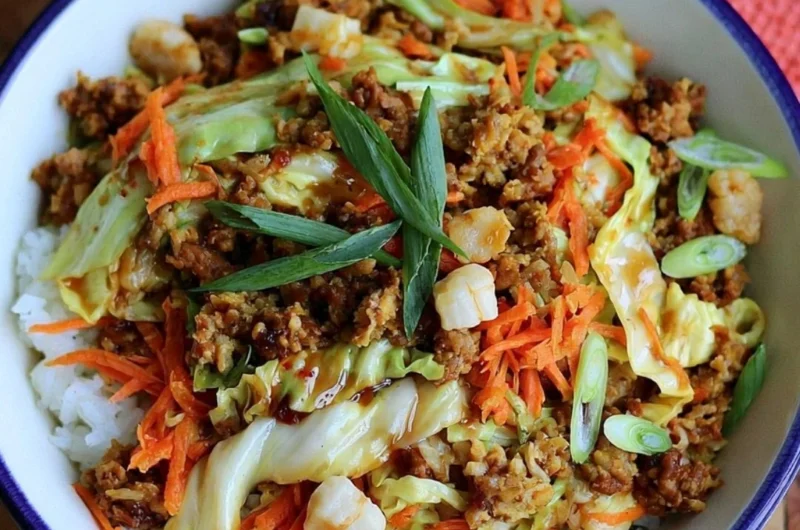 Easy egg roll in a bowl with colorful vegetables and savory pork