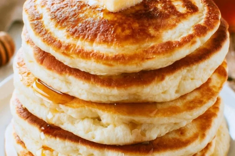 Stack of delicious fluffy pancakes topped with berries and syrup.