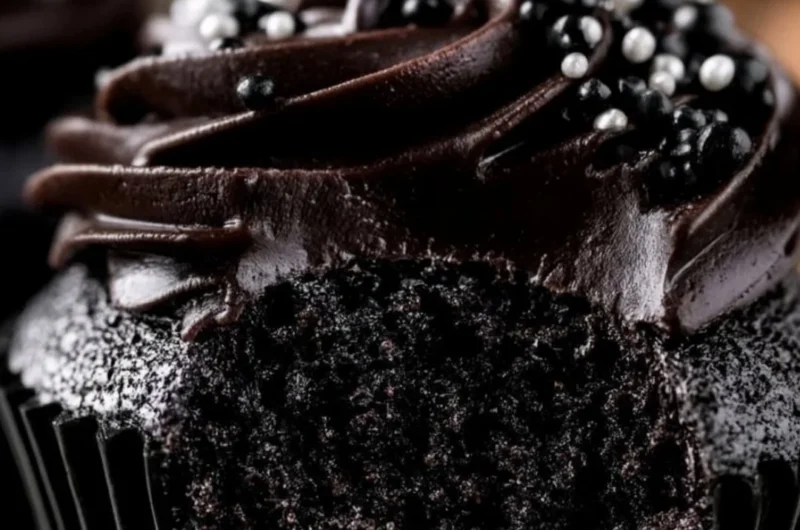 Delicious black velvet cupcakes topped with cream cheese frosting