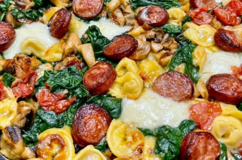 Plate of Blackstone Sausage with tortellini and spinach garnished