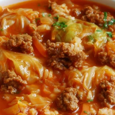 Bowl of savory cabbage roll soup garnished with fresh herbs and spices.