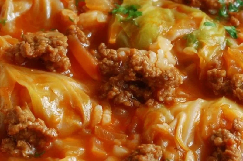 Bowl of savory cabbage roll soup garnished with fresh herbs and spices.