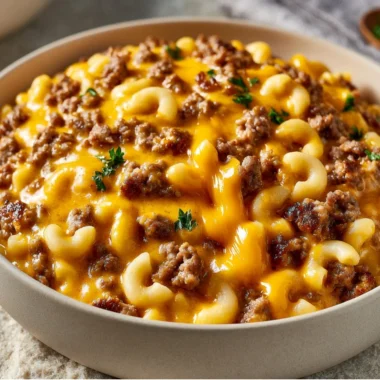 Bowl of Cheesy Hamburger Helper topped with cheese and herbs