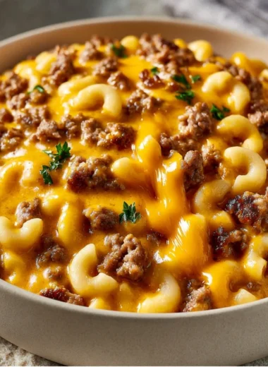 Bowl of Cheesy Hamburger Helper topped with cheese and herbs