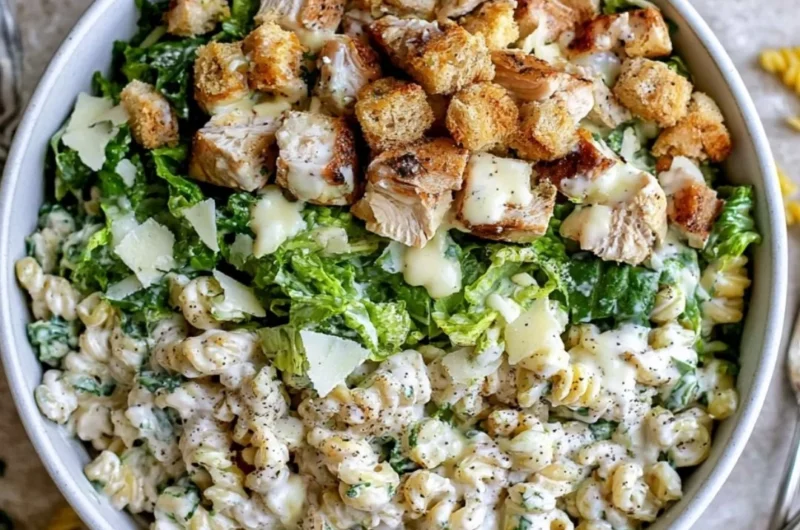 Delicious Chicken Caesar Pasta Salad garnished with croutons and parmesan cheese.