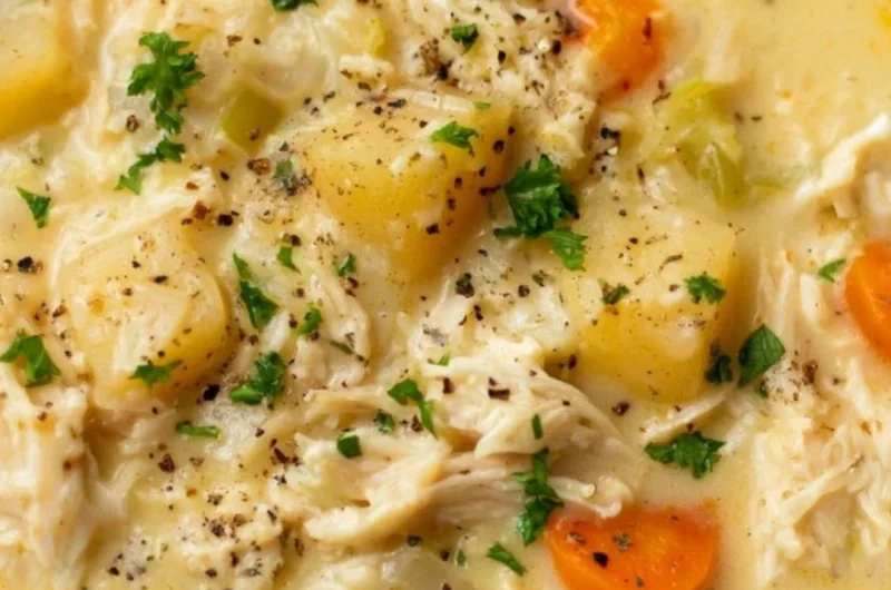 Bowl of Chicken Pot Pie Soup garnished with herbs and vegetables.