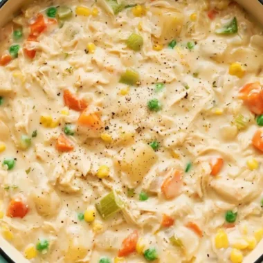 A bowl of creamy Chicken Pot Pie Soup garnished with herbs.