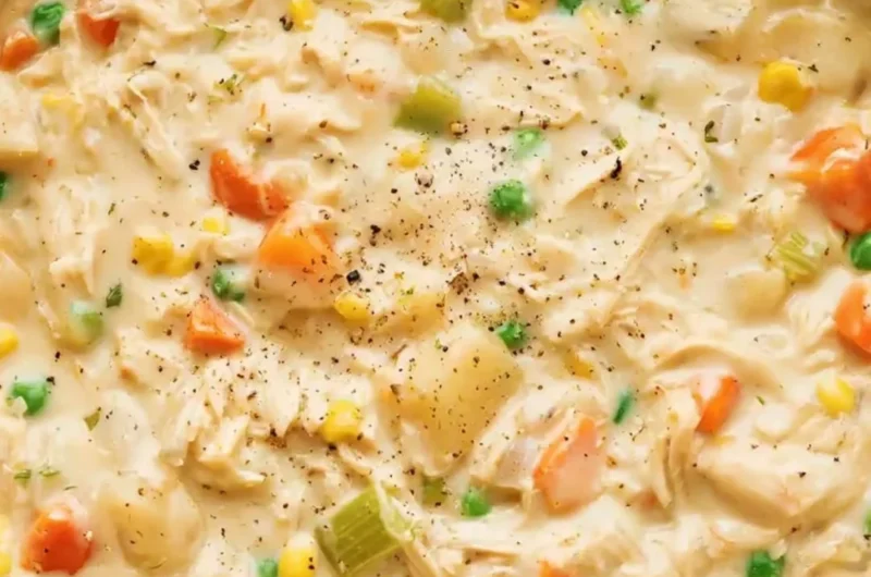 A bowl of creamy Chicken Pot Pie Soup garnished with herbs.