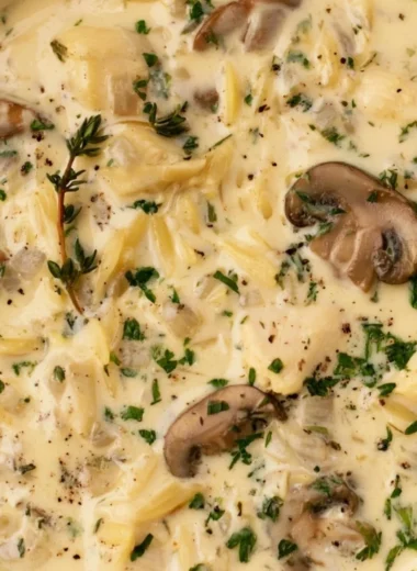 Creamy chicken soup with Boursin cheese in a bowl garnished with herbs