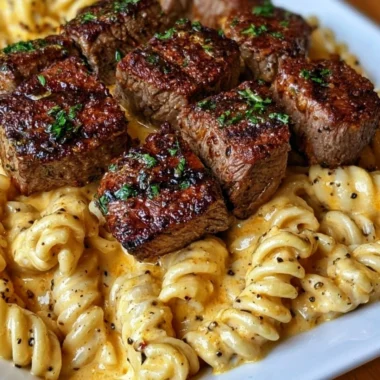 Creamy garlic butter steak bites served with spicy Cajun Alfredo twisted pasta.