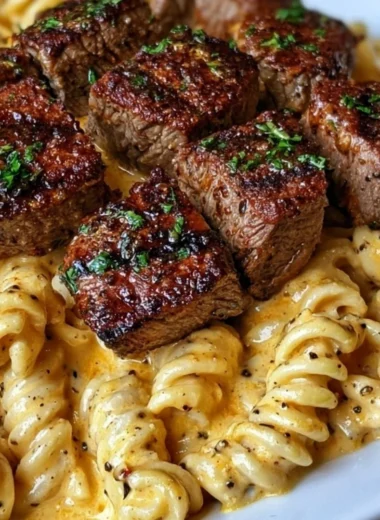 Creamy garlic butter steak bites served with spicy Cajun Alfredo twisted pasta.