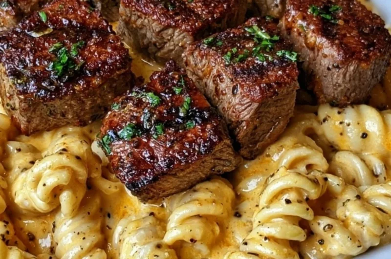 Creamy garlic butter steak bites served with spicy Cajun Alfredo twisted pasta.