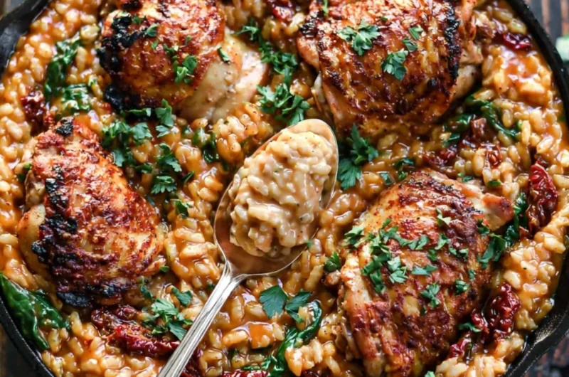 Creamy sun-dried tomato and spinach risotto with chicken thighs