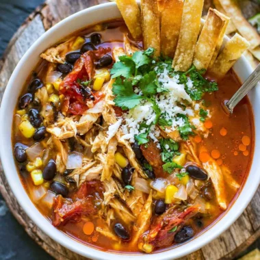Bowl of easy tortilla soup garnished with tortilla strips and avocado