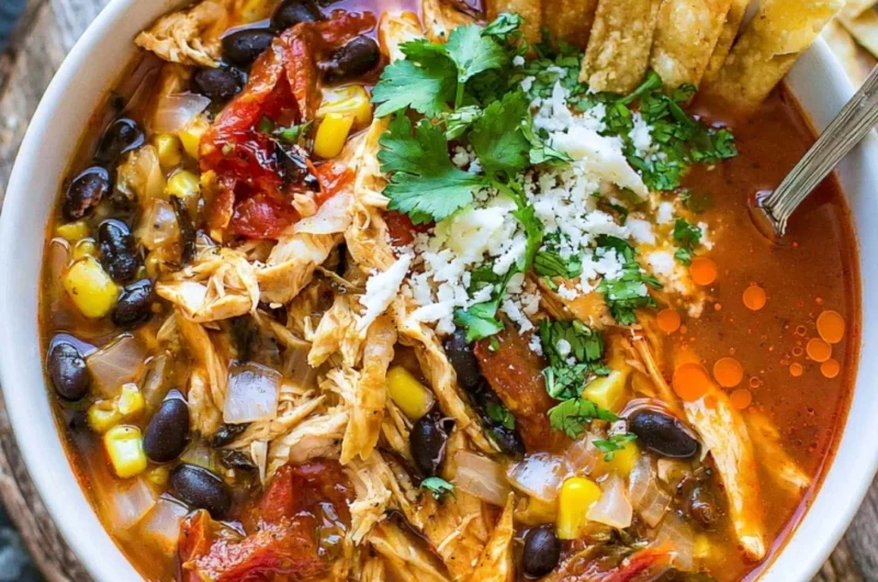 Bowl of easy tortilla soup garnished with tortilla strips and avocado