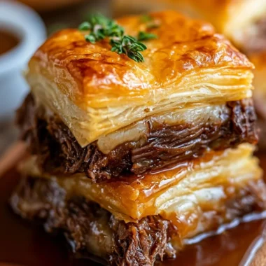 Delicious French Dip Squares served with au jus for dipping