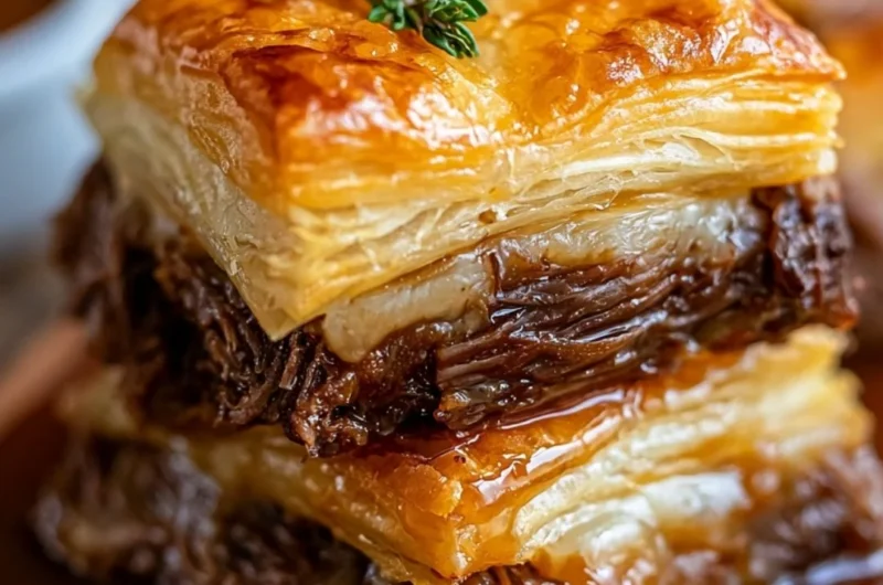 Delicious French Dip Squares served with au jus for dipping