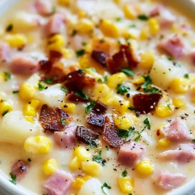 Bowl of Ham and Potato Corn Chowder topped with herbs