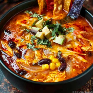Homemade crockpot chicken tortilla soup garnished with avocado and tortilla strips