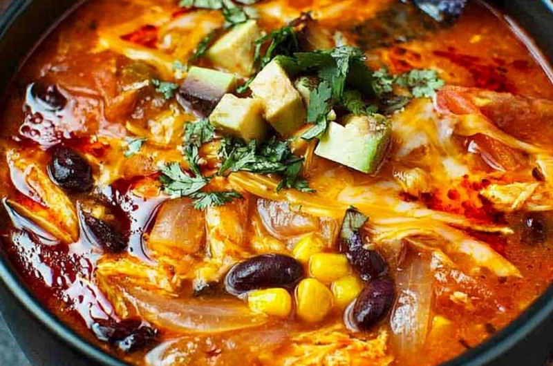 Homemade crockpot chicken tortilla soup garnished with avocado and tortilla strips