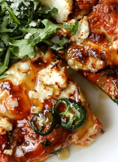 Hot Honey and Goat Cheese Pepperoni Pizza topped with spicy pepperoni and drizzled with honey