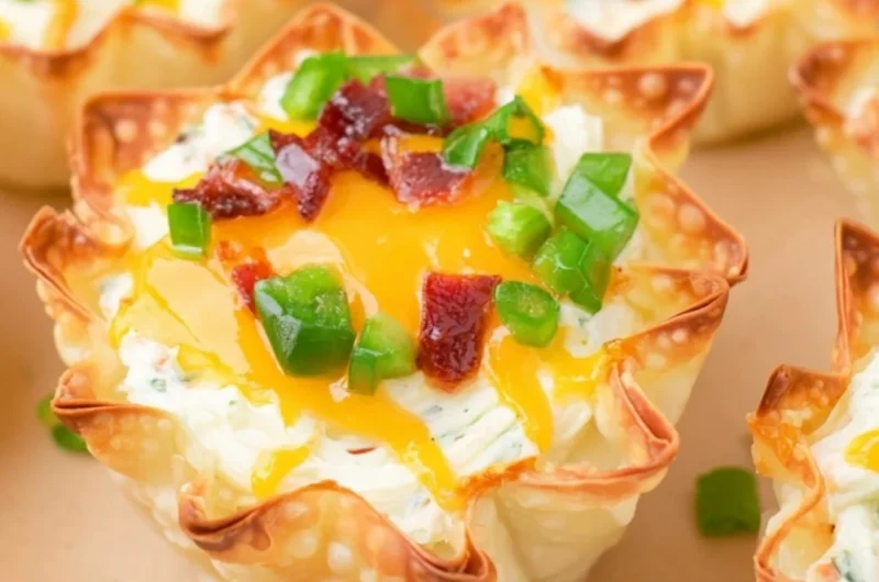 Crispy Jalapeño Popper Wonton Cups garnished for a delicious appetizer