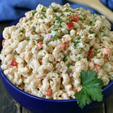 Delicious macaroni salad with vegetables and dressing in a bowl