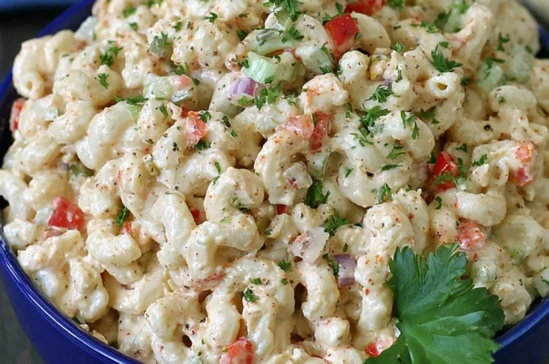 Delicious macaroni salad with vegetables and dressing in a bowl