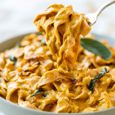 Pumpkin pasta sauce served over noodles, garnished with herbs.