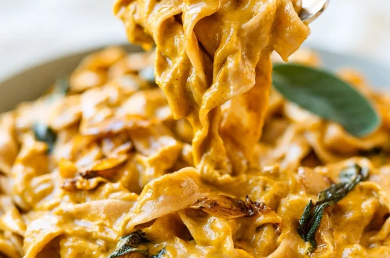 Pumpkin pasta sauce served over noodles, garnished with herbs.