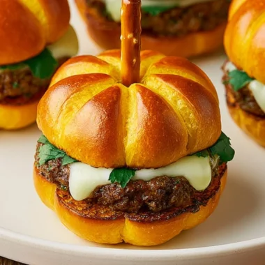 Pumpkin-shaped sliders served on a platter, perfect for fall gatherings.