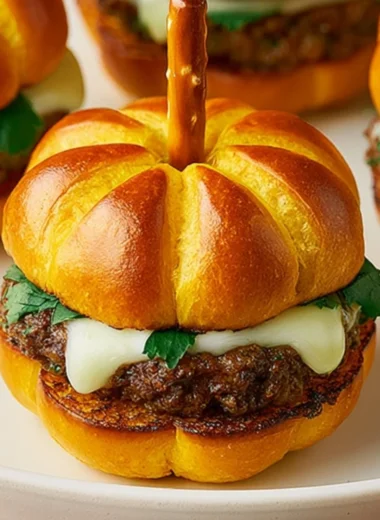 Pumpkin-shaped sliders served on a platter, perfect for fall gatherings.
