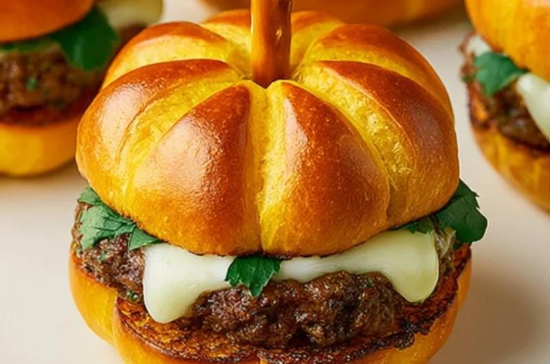 Pumpkin-shaped sliders served on a platter, perfect for fall gatherings.