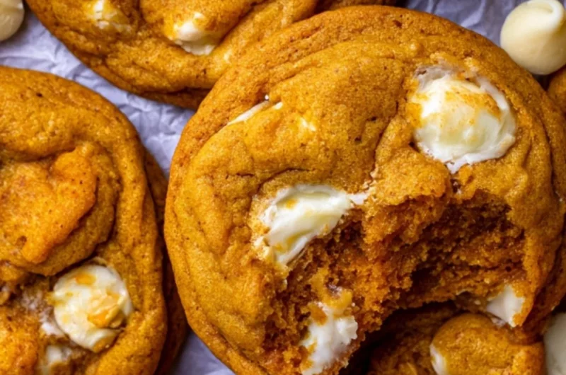 Delicious Pumpkin White Chocolate Chip Cookies on a baking tray
