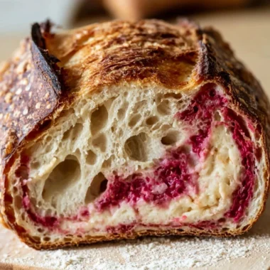 Sliced raspberry cheesecake sourdough bread with fresh raspberries on top.