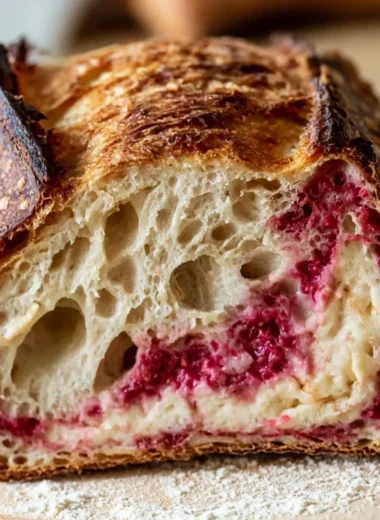 Sliced raspberry cheesecake sourdough bread with fresh raspberries on top.