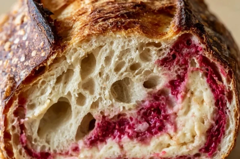 Sliced raspberry cheesecake sourdough bread with fresh raspberries on top.