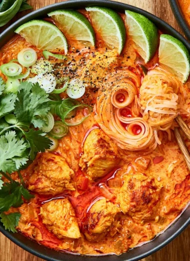 Bowl of red curry noodle soup with herbs and vegetables