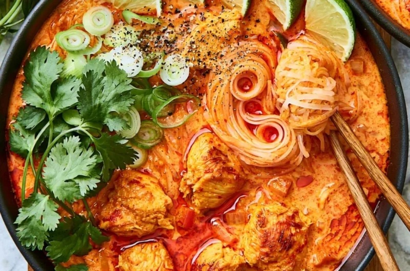 Bowl of red curry noodle soup with herbs and vegetables