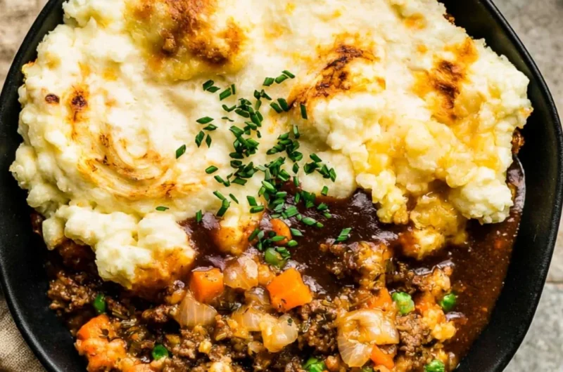 Delicious homemade Shepherd's Pie with golden mashed potatoes and savory meat filling.