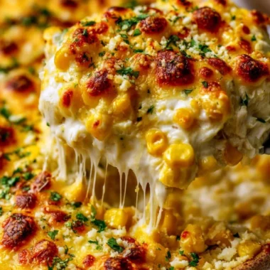 Delicious Street Corn Chicken Casserole topped with creamy cheese and corn